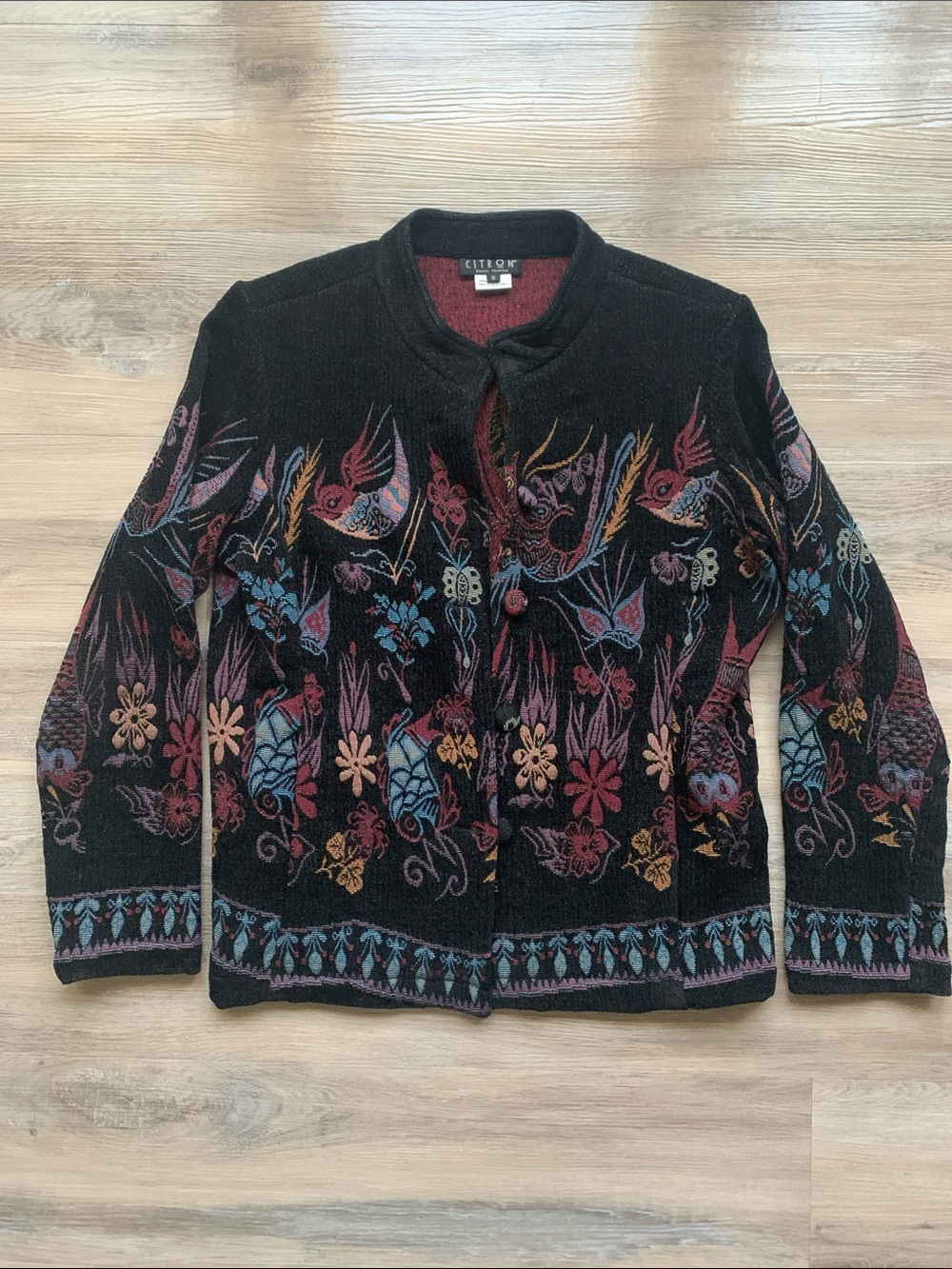 Citron Santa Monica Black Multicolor Floral Bird Butterfly Tapestry Coat Size S